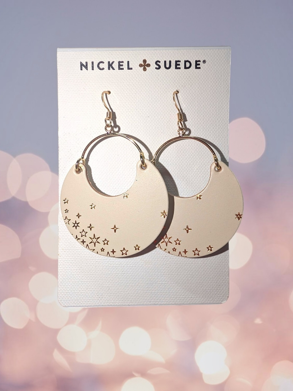 New Nickel & Suede Cream And Gold Star Hoop Drop Earrings
